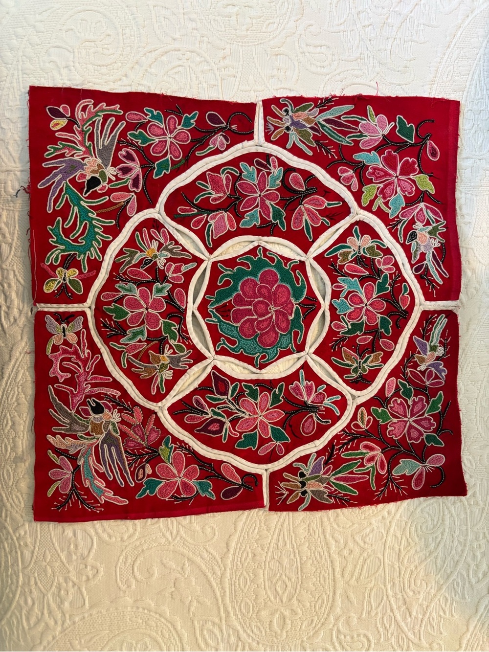 Embroidered Red Floral Bohemian Tapestry Wall Accent
